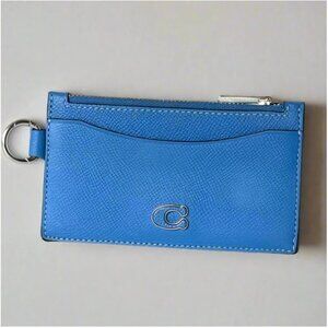 Coach Zip Card Case Blue Leather D-Ring Clip Keyring